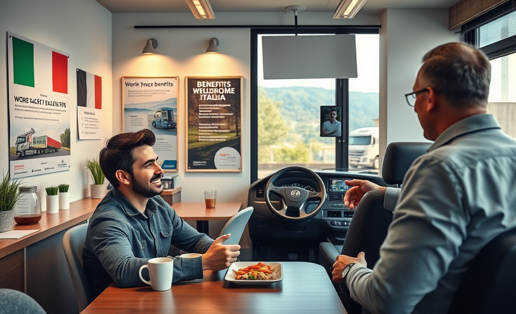 Conducenti felici che ricevono benefici aziendali come assistenza sanitaria e altri incentivi.