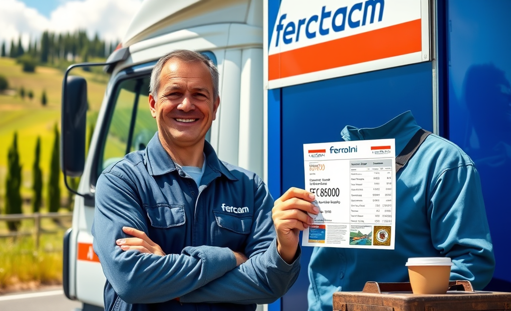 Immagine di un autista sorridente accanto a un camion aziendale che rappresenta buone condizioni di lavoro e benefici