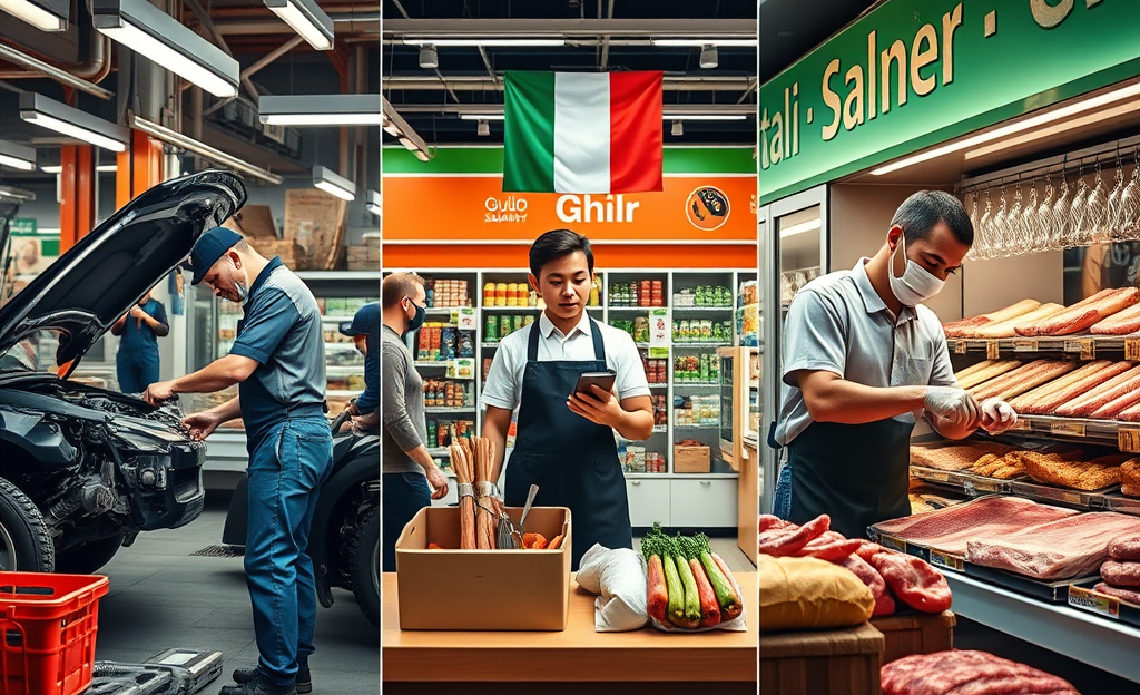 Immagine di un riparatore, cassiere e macellaio che rappresenta la media salariale attuale.