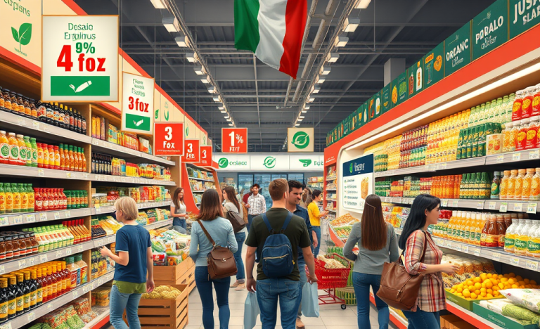 Scaffali di un supermercato con prodotti vari e cartelli promozionali.