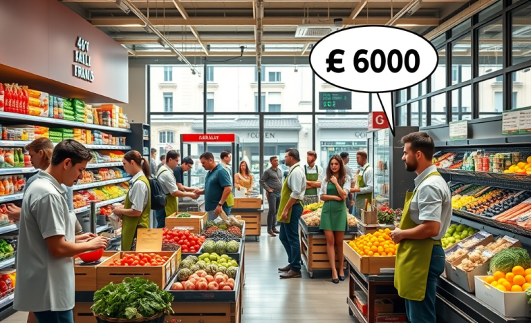 Immagine rappresentativa del lavoro in un supermercato con scaffali e carrelli.