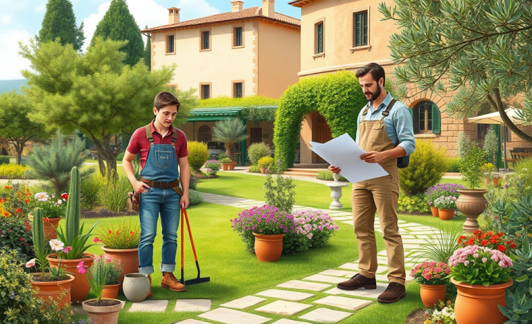 Immagine di un giardiniere al lavoro con piante e attrezzi in un paesaggio curato.