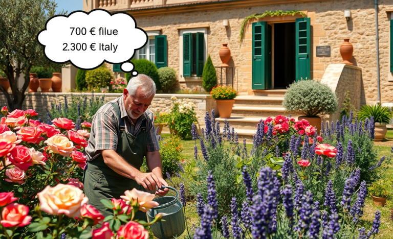 Giardiniere al lavoro in un giardino curato, con attrezzi da giardinaggio.