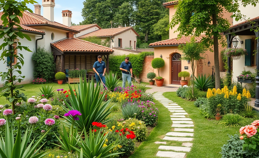 Immagine di un giardino curato da professionisti del giardinaggio, che mostra un ambiente verde rigoglioso e rilassante.