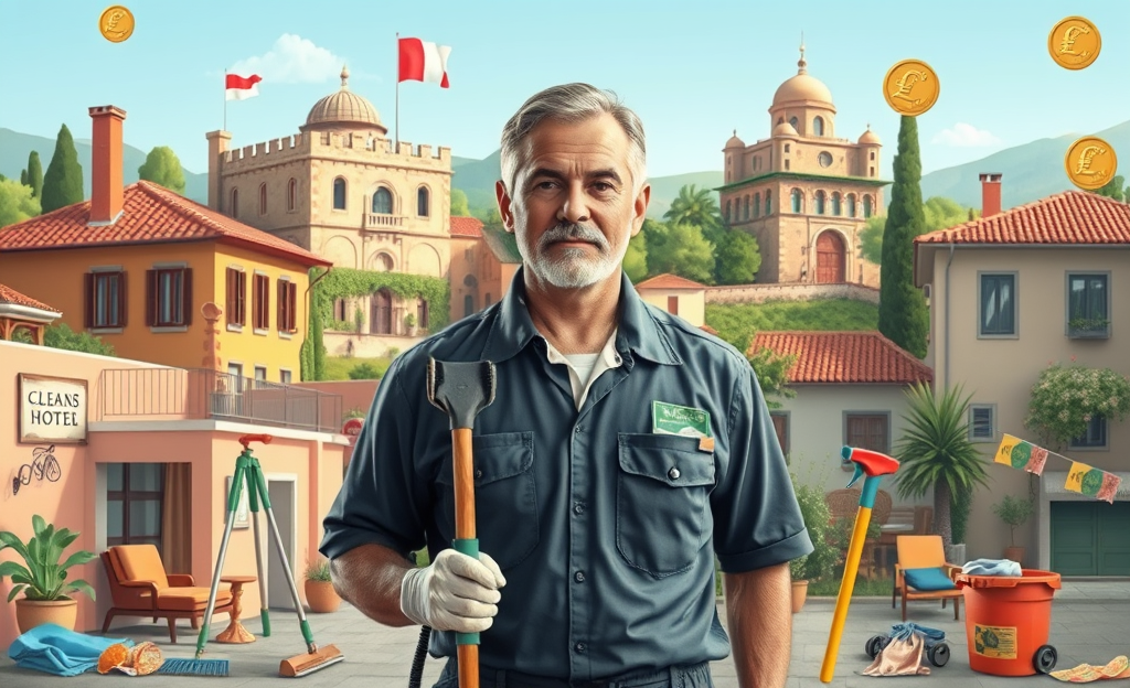 Immagine di un addetto alle pulizie al lavoro, rappresentando la diversità salariale in diverse aree.