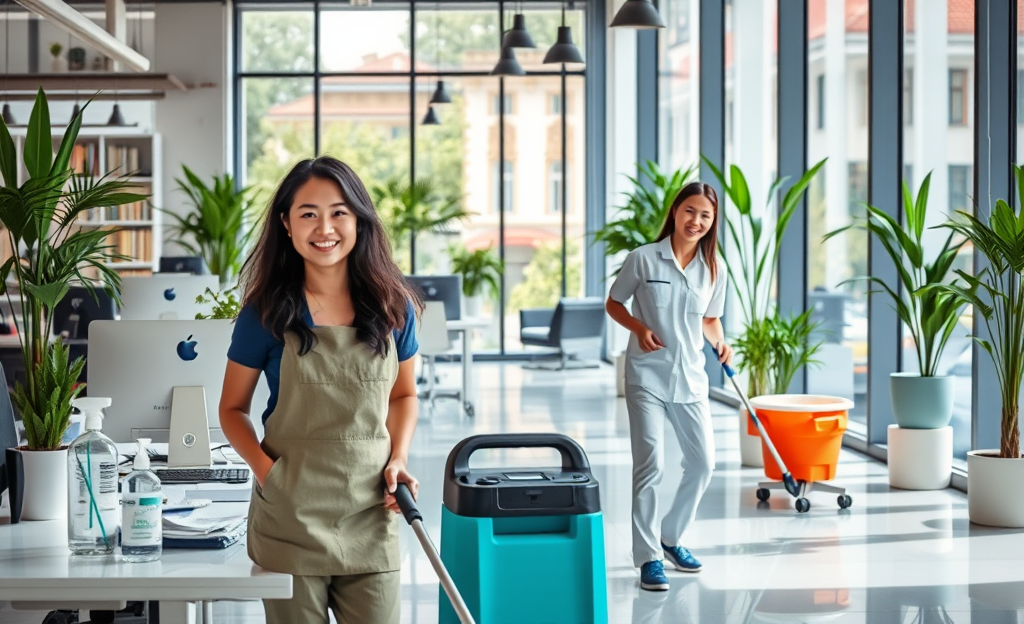 Un team di professionisti della pulizia al lavoro in un ufficio pulito e ben organizzato.