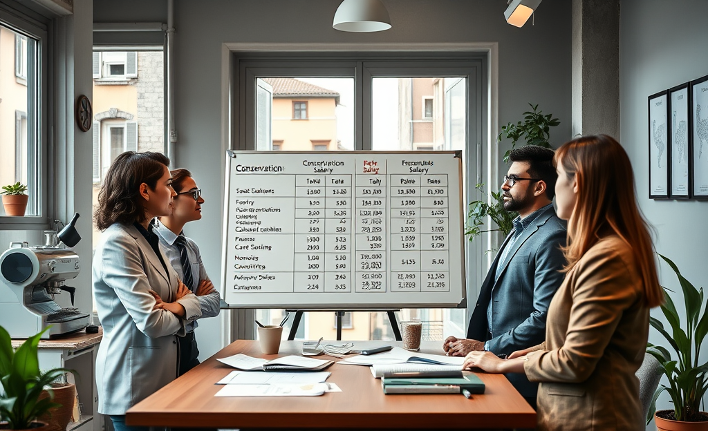 Immagine di persone che lavorano nel settore della conservazione, discutendo di stipendi e bonus.