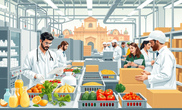 Lavoratori nel settore alimentare in un ambiente di lavoro sicuro e moderno