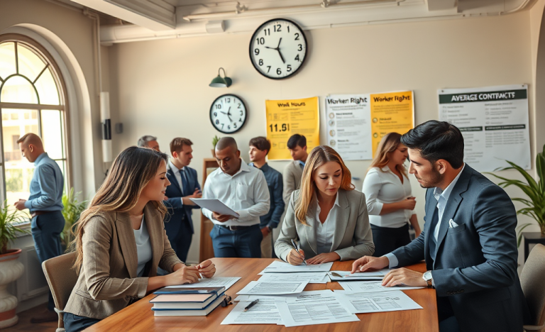 Immagine che rappresenta le condizioni di lavoro, gli orari e la retribuzione in un contesto lavorativo