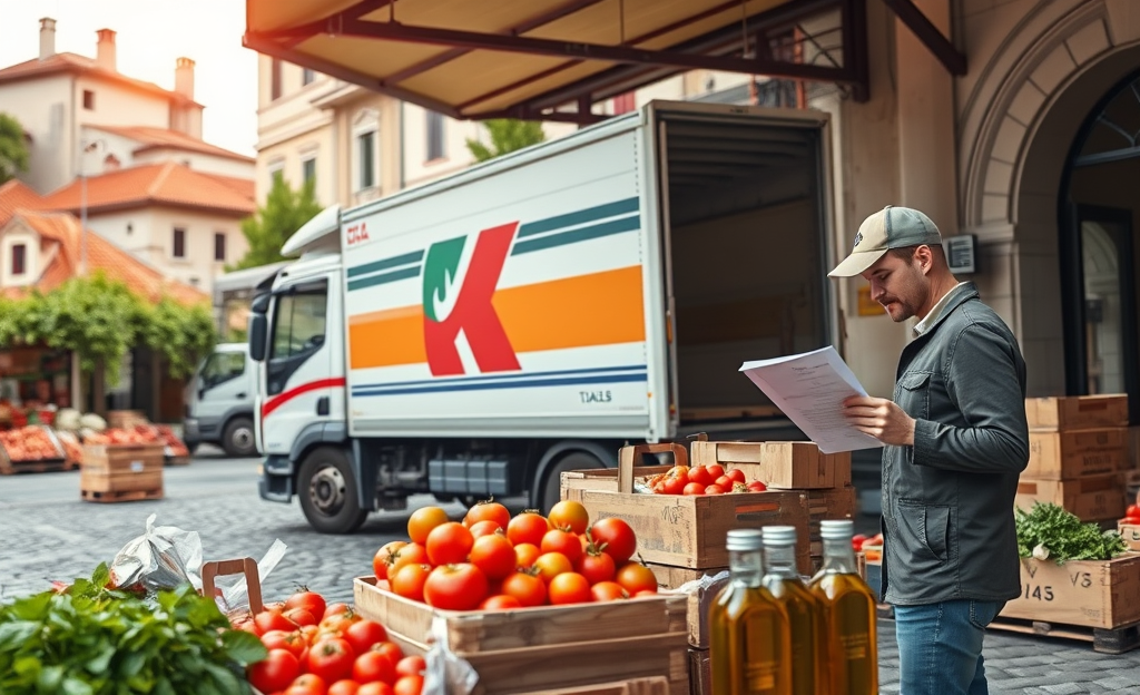 Un camion che trasporta merci alimentari assicurate per proteggere qualità e investimento.