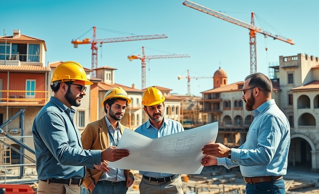 Costruzione di un edificio con ingegneri e architetti al lavoro