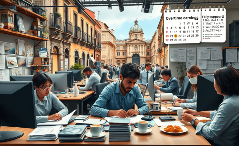 Lavoratori che discutono di straordinari e supporto famigliare
