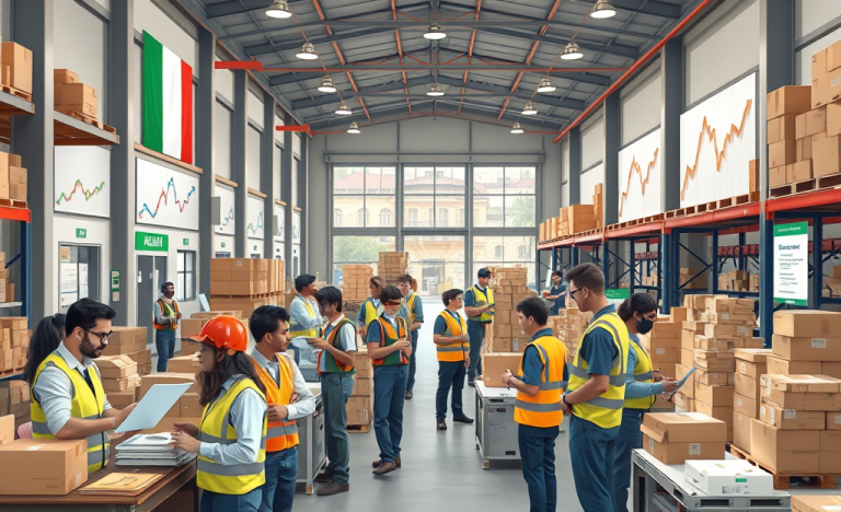 Immagine di un magazzino moderno con lavoratori impegnati in diverse attività professionali.