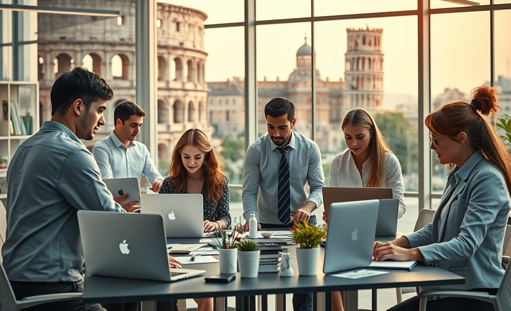 Ufficio moderno con personale al lavoro e grafici degli stipendi sullo schermo del computer