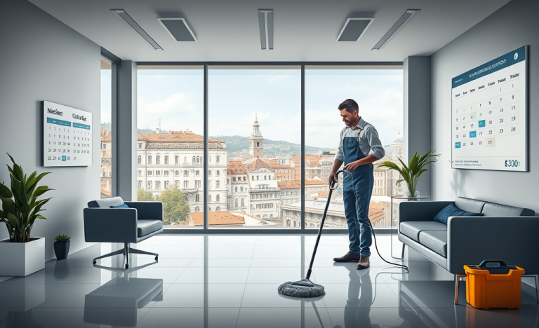 Pulizie aziendali in corso in un ufficio