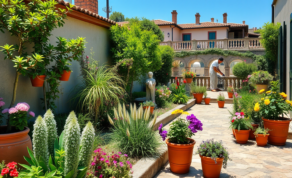 Immagine rappresentativa di professionisti del giardinaggio al lavoro, circondati da piante e spazi verdi ben curati.