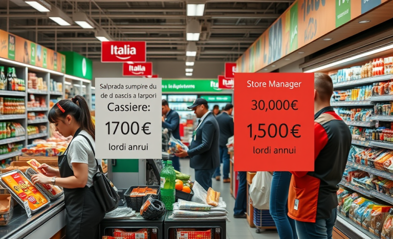 Immagine di lavoratori in un supermercato, rappresentando diverse posizioni e i loro stipendi.