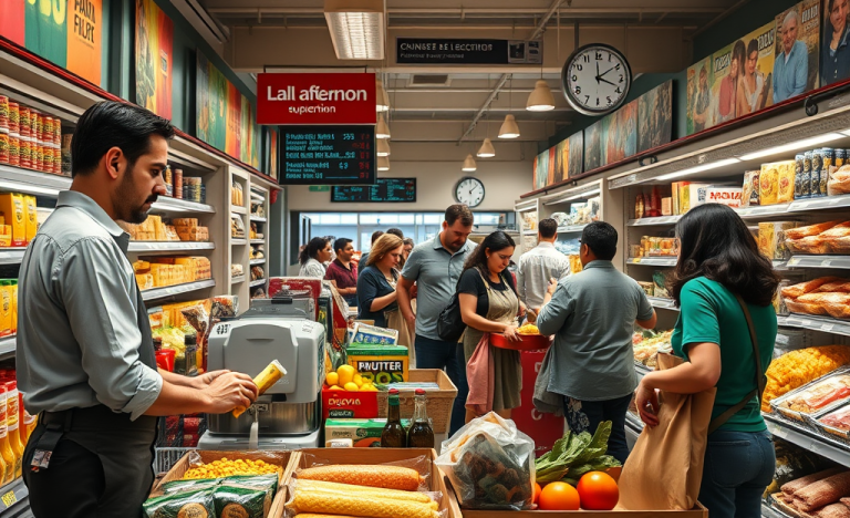 Un dipendente di supermercato lavora alla cassa, illustrando le dinamiche di orari e stipendi del lavoro in supermercato