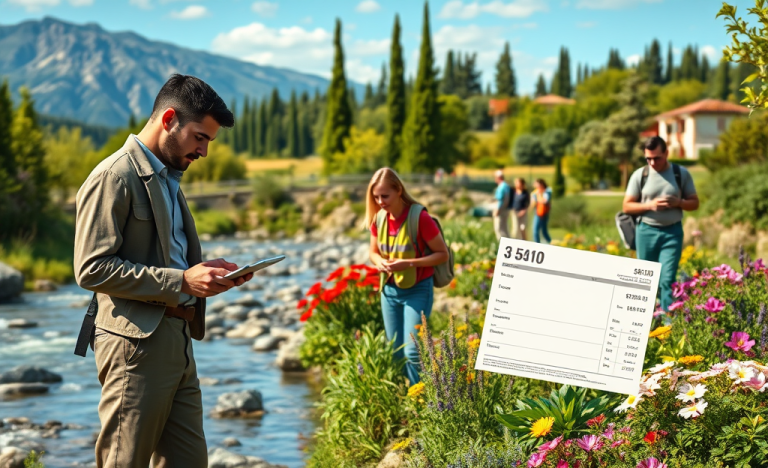 Immagine di lavoratori immersi nella natura, rappresentante diverse professioni ecologiche.
