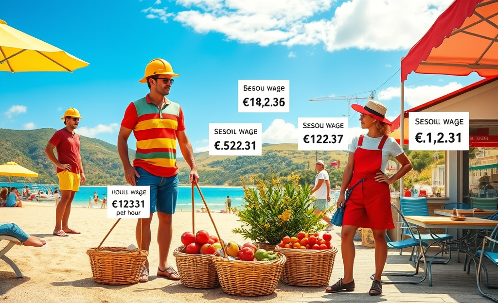 Una serie di lavoratori impegnati in diverse mansioni stagionali