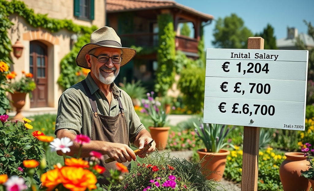 Un giardiniere che lavora in un giardino rigoglioso, simbolo di crescita professionale e opportunità di stipendio.