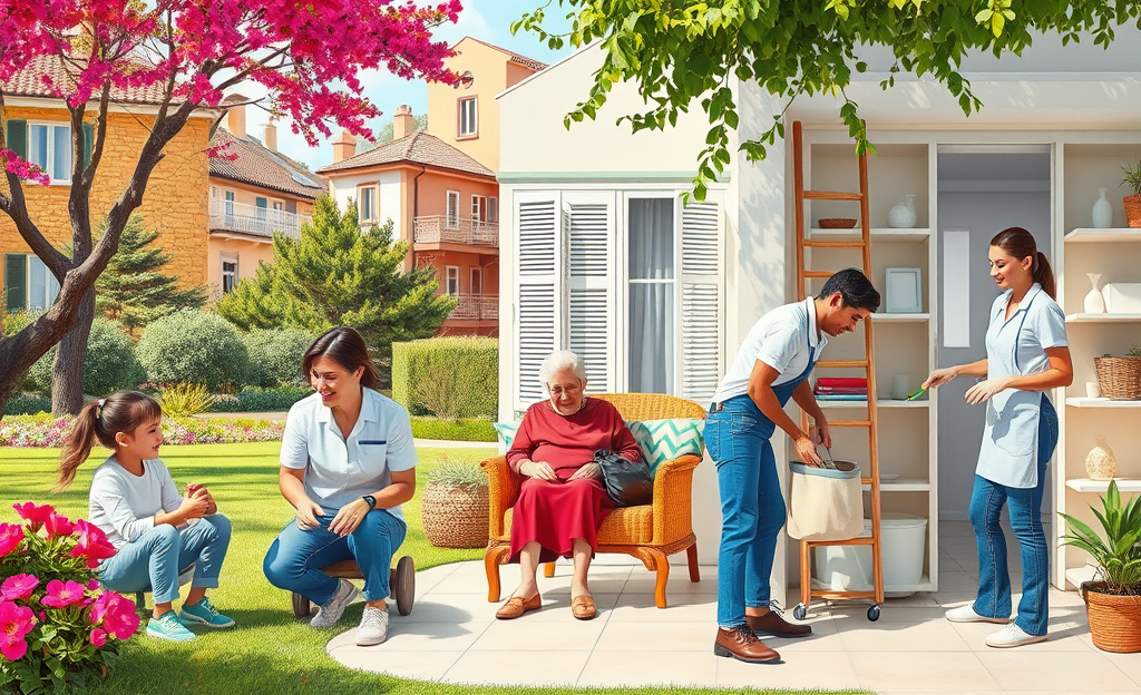 Immagine di un caregiver che assiste anziani e una babysitter che gioca con bambini, rappresentando il tema del lavoro di assistenza e pulizie.