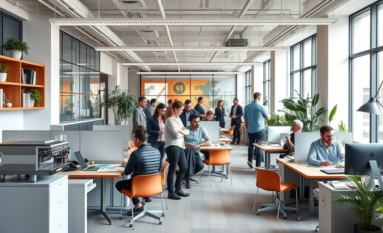 Impiegati al lavoro in un ufficio moderno con tecnologia avanzata e mobili ergonomici.