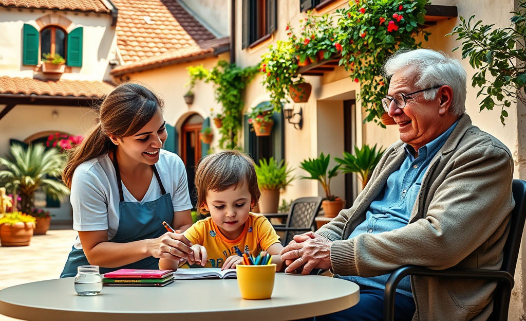 Una famiglia riceve assistenza a domicilio da un operatore di Serenità Servizi.