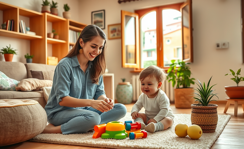 Immagine di una babysitter professionale con un bambino, rappresentando i servizi specializzati di NannItalia SRL.