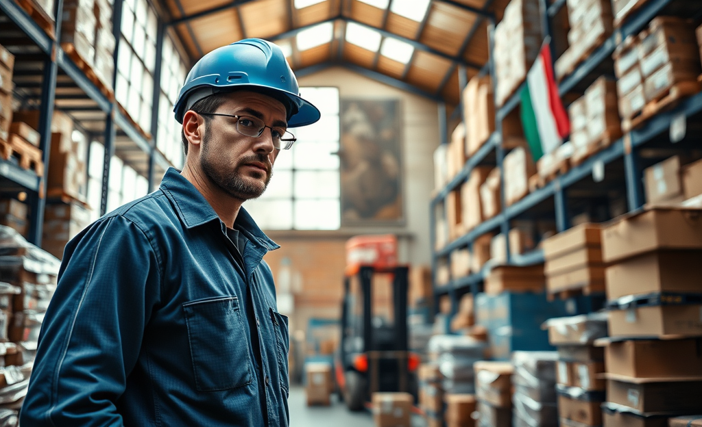 Magazziniere che organizza pacchi in un magazzino Bartolini