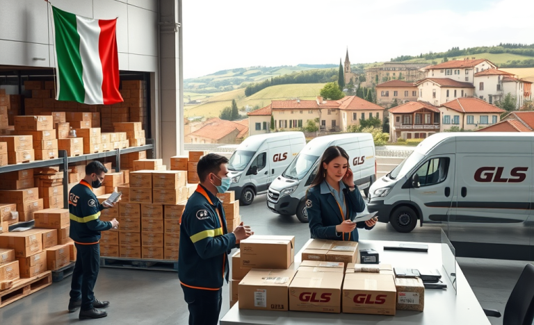 Camion GLS Italia in un deposito di logistica pronto per la spedizione.