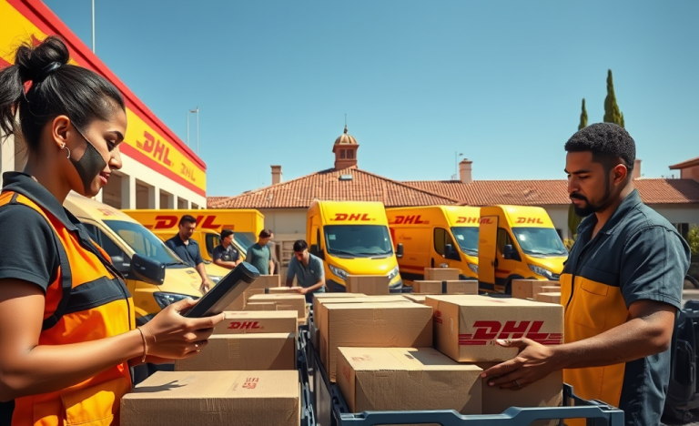 Immagine di un centro logistico DHL Express con personale al lavoro