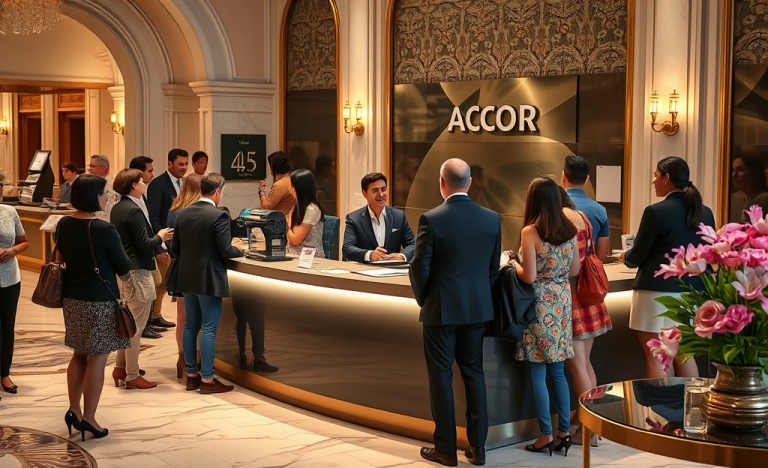 Receptionist in un hotel Accor che accoglie un ospite alla reception.
