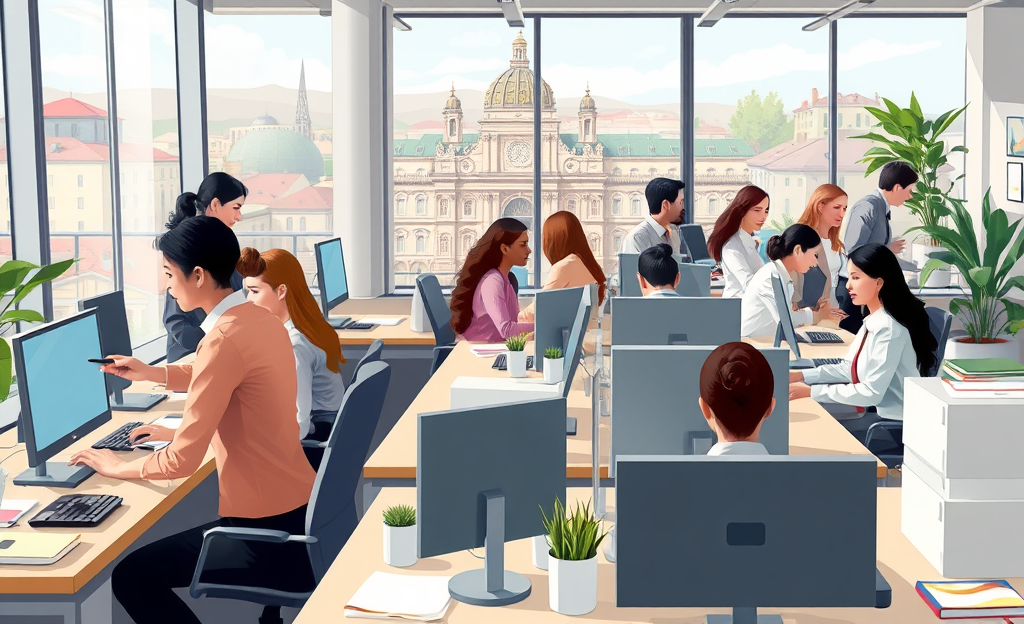 Un dipendente di Eni S.p.A. lavora alla scrivania, esaminando documenti e utilizzando il computer per compiti di assistenza e segreteria.