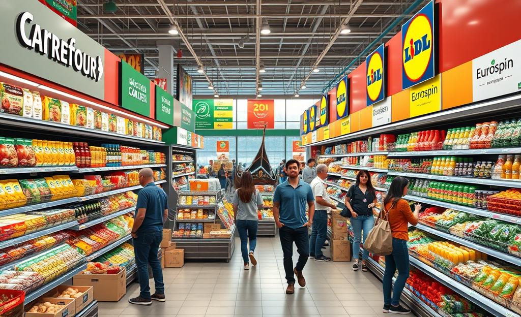 Immagine di un interno di supermercato con scaffali pieni di prodotti