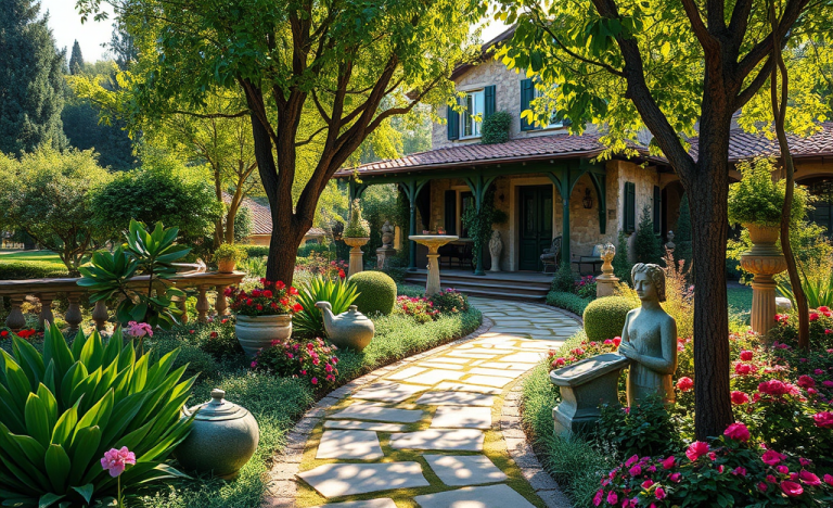 Immagine di un giardino progettato creativamente con piante verdi e fiori in fiore