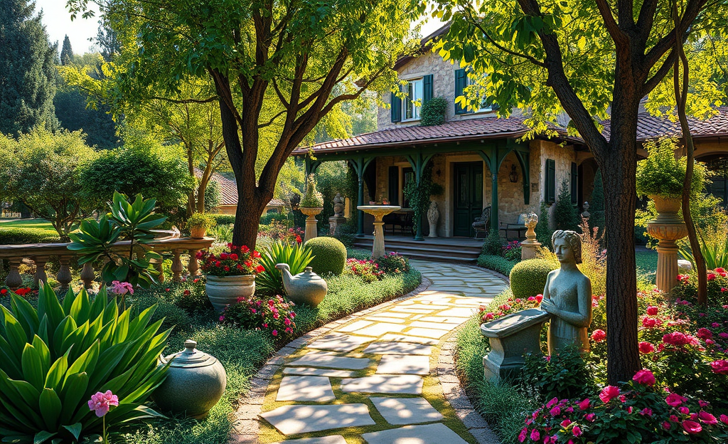 Immagine di un giardino progettato creativamente con piante verdi e fiori in fiore
