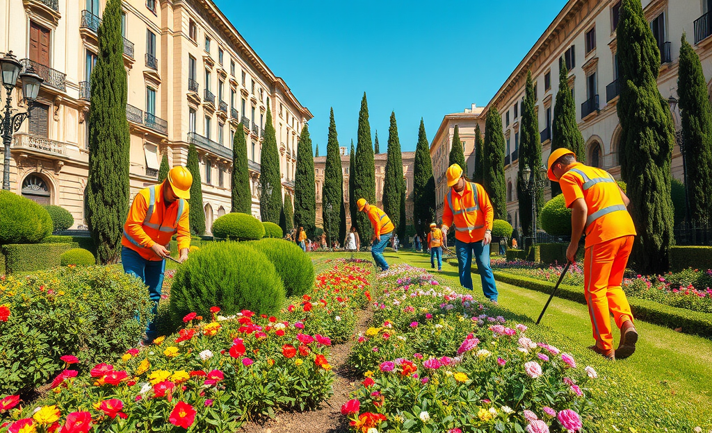 Giardiniere che lavora per Verdeblu Multiservizi nella manutenzione urbana