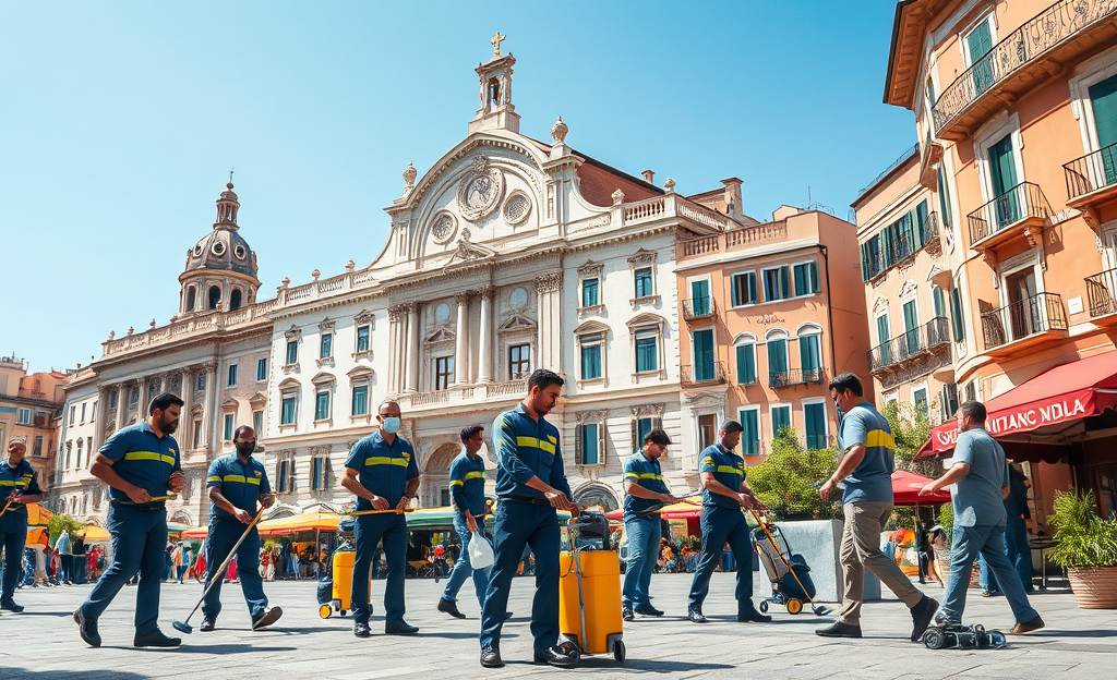 Un gruppo di lavoratori impegnati in attività di conservazione e pulizia