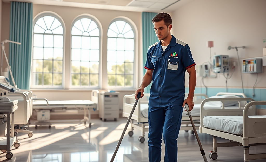 Immagine di un operatore di Servizi Italia SPA che esegue la pulizia in un ospedale.