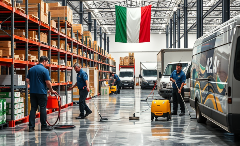 Personale addetto alla pulizia al lavoro in un centro di distribuzione SDA Express