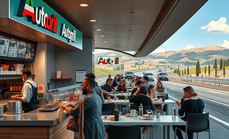 Immagine di un ristorante Autogrill lungo l'autostrada, con personale in servizio.