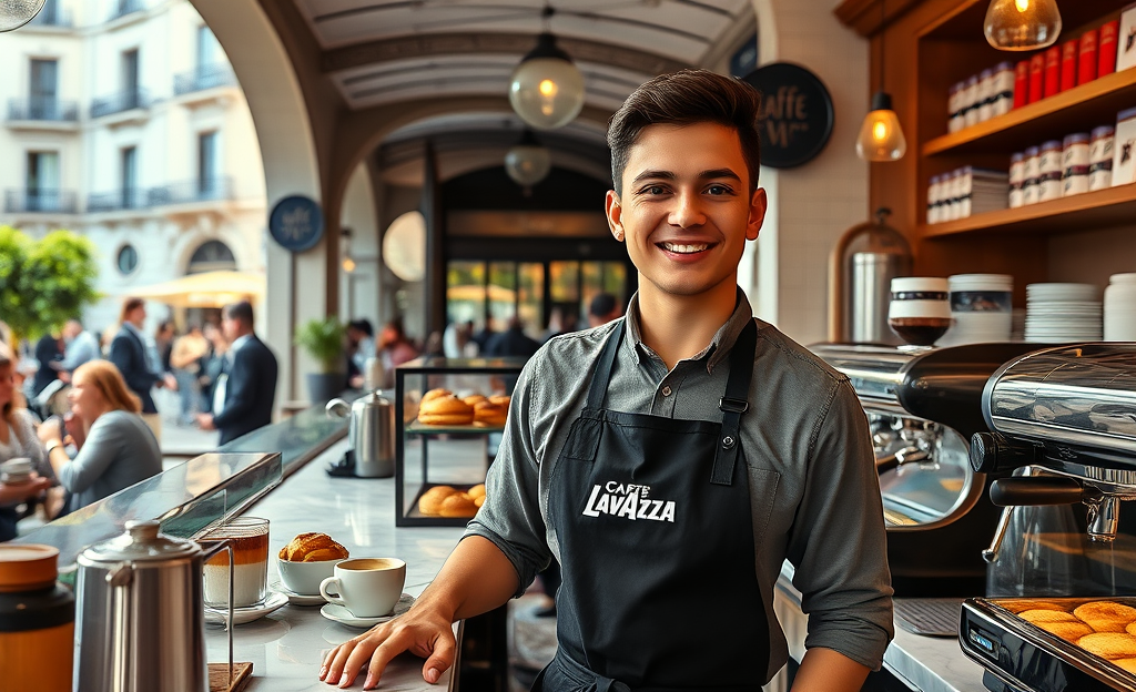 Immagine di un cameriere e un barista che lavorano insieme al Caffè Lavazza