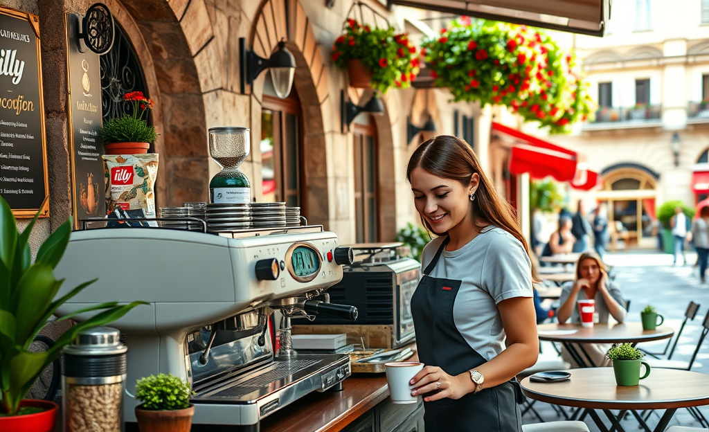 Barista prepara caffè espresso in una caffetteria Illy