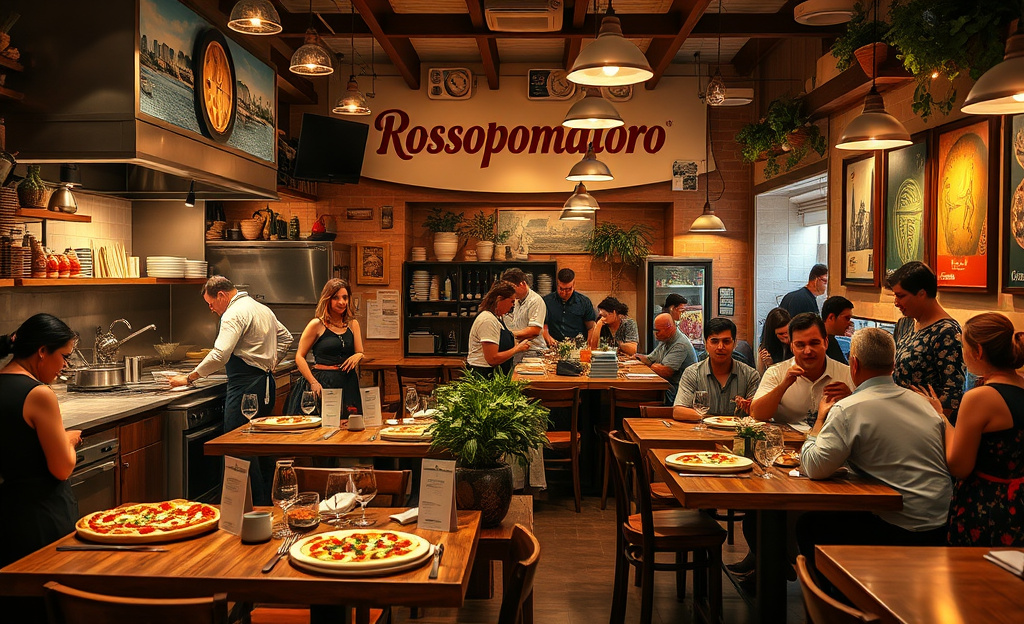 Un tavolo apparecchiato con pizze artigianali e piatti tipici della cucina napoletana da Rossopomodoro