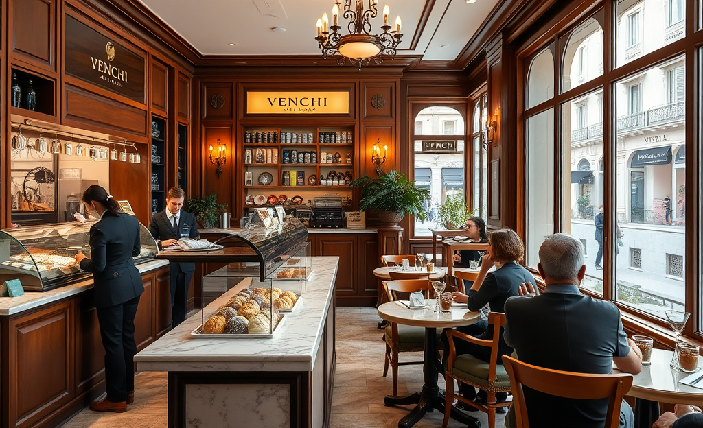 Interno di una caffetteria di Venchi con gelato e cioccolato