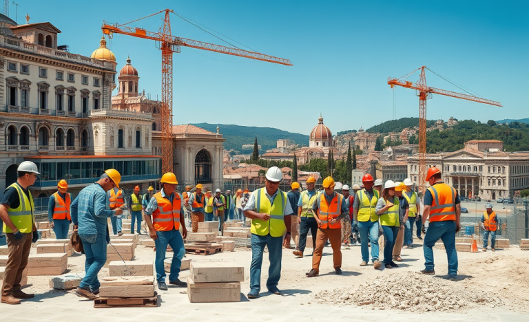 Un gruppo di muratori al lavoro su un grande cantiere Webuild.