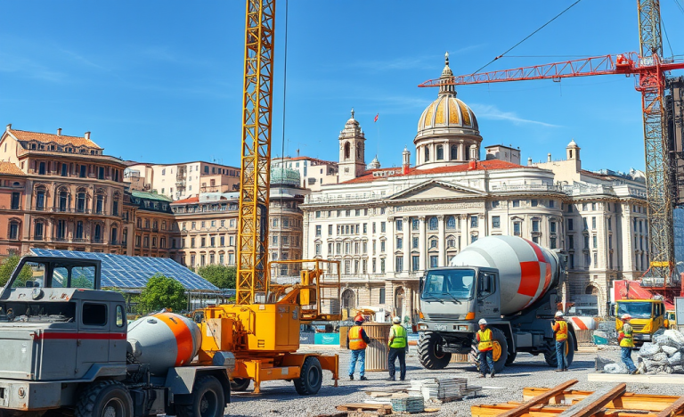 Operai al lavoro su un progetto di costruzione pesante Italcementi
