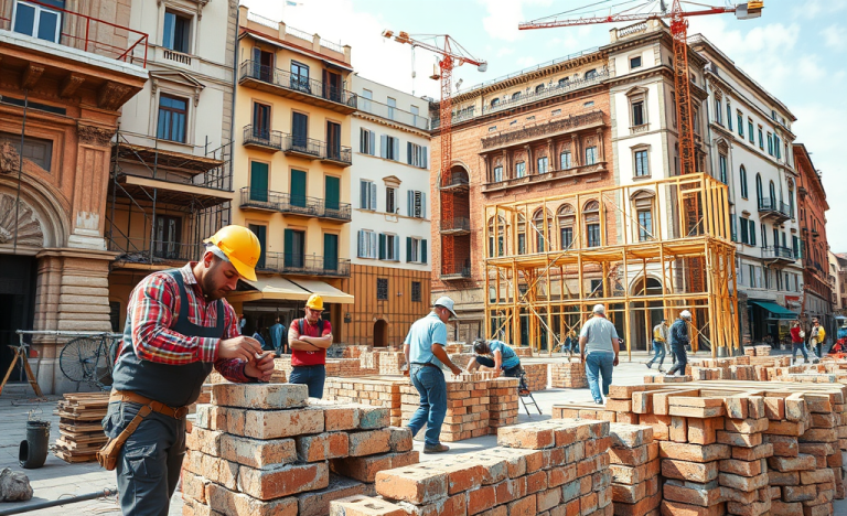 Operai di Rizzani de Eccher al lavoro su un progetto di costruzione