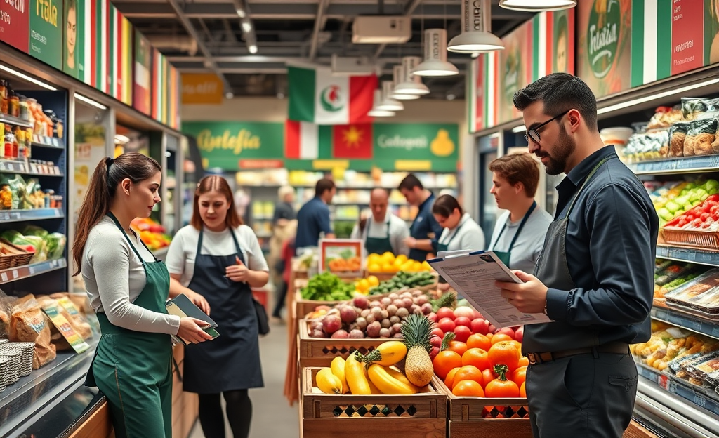 Dipendenti del supermercato interagiscono con clienti, mostrando abilità e requisiti valorizzati.